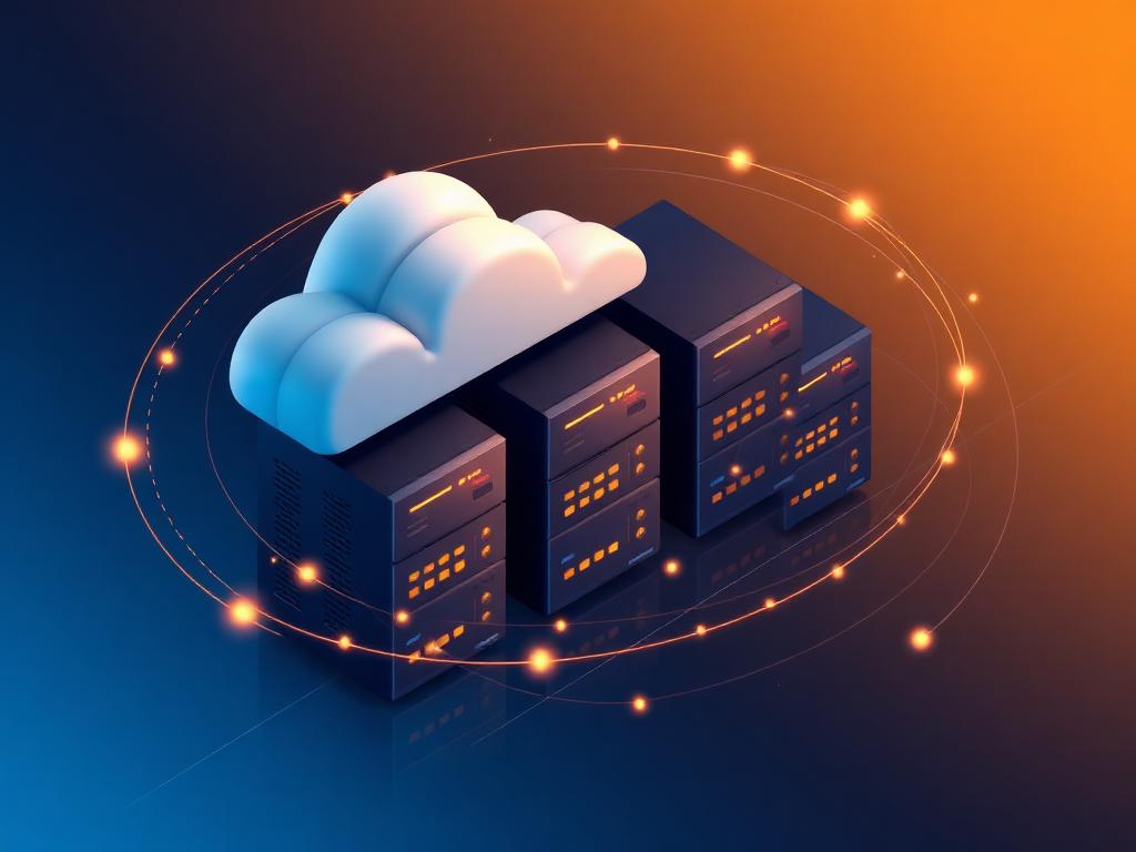 Animated illustration of cloud servers with orbiting data